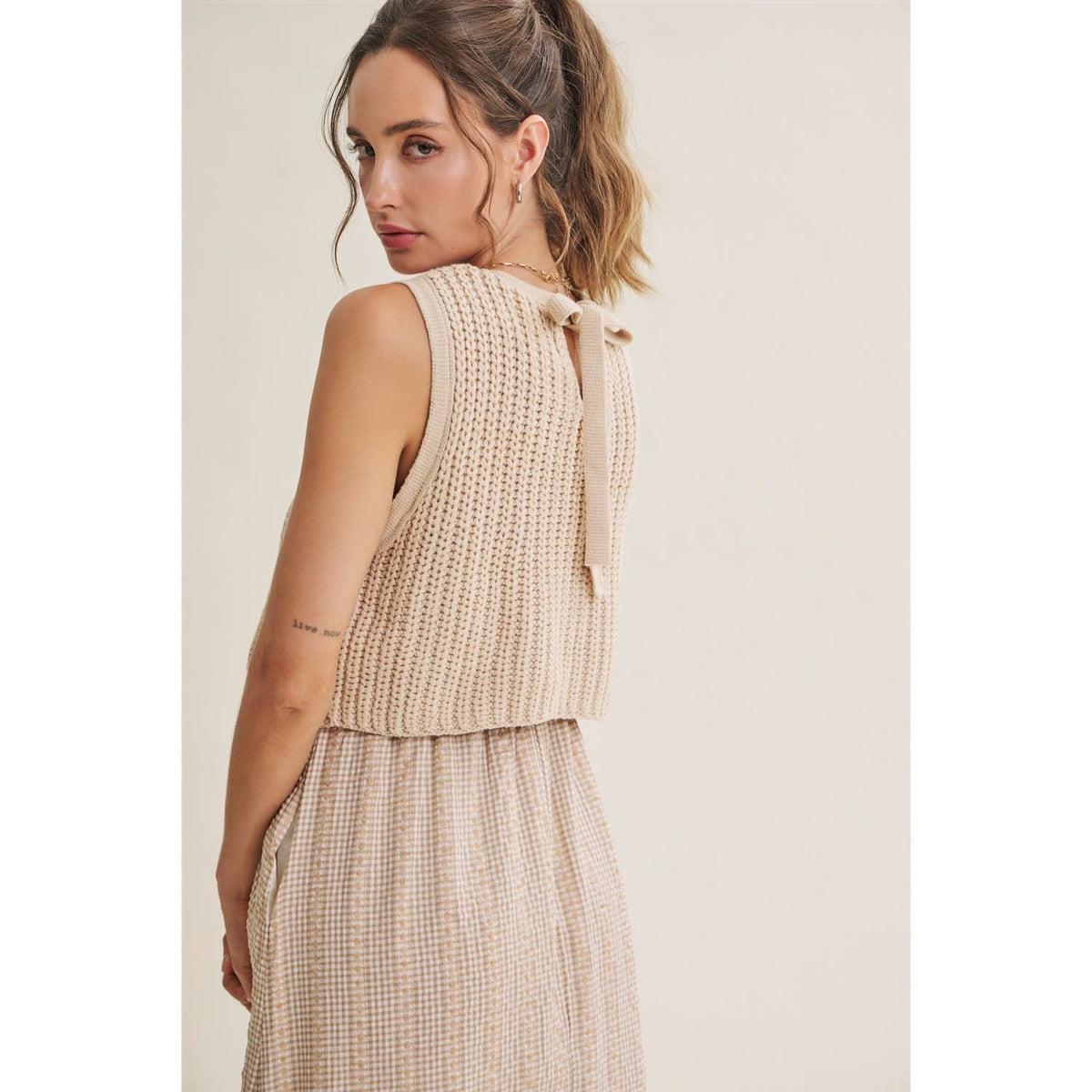 Chunky Sweater Gingham Stripe Mix Media Dress