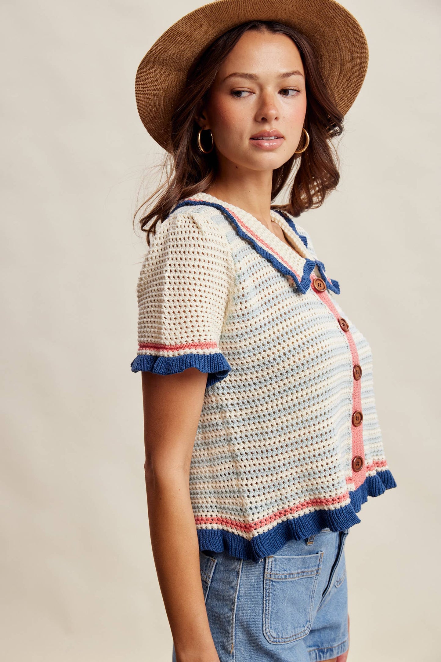 Ruffle Trim Crochet Knit Cardigan Top