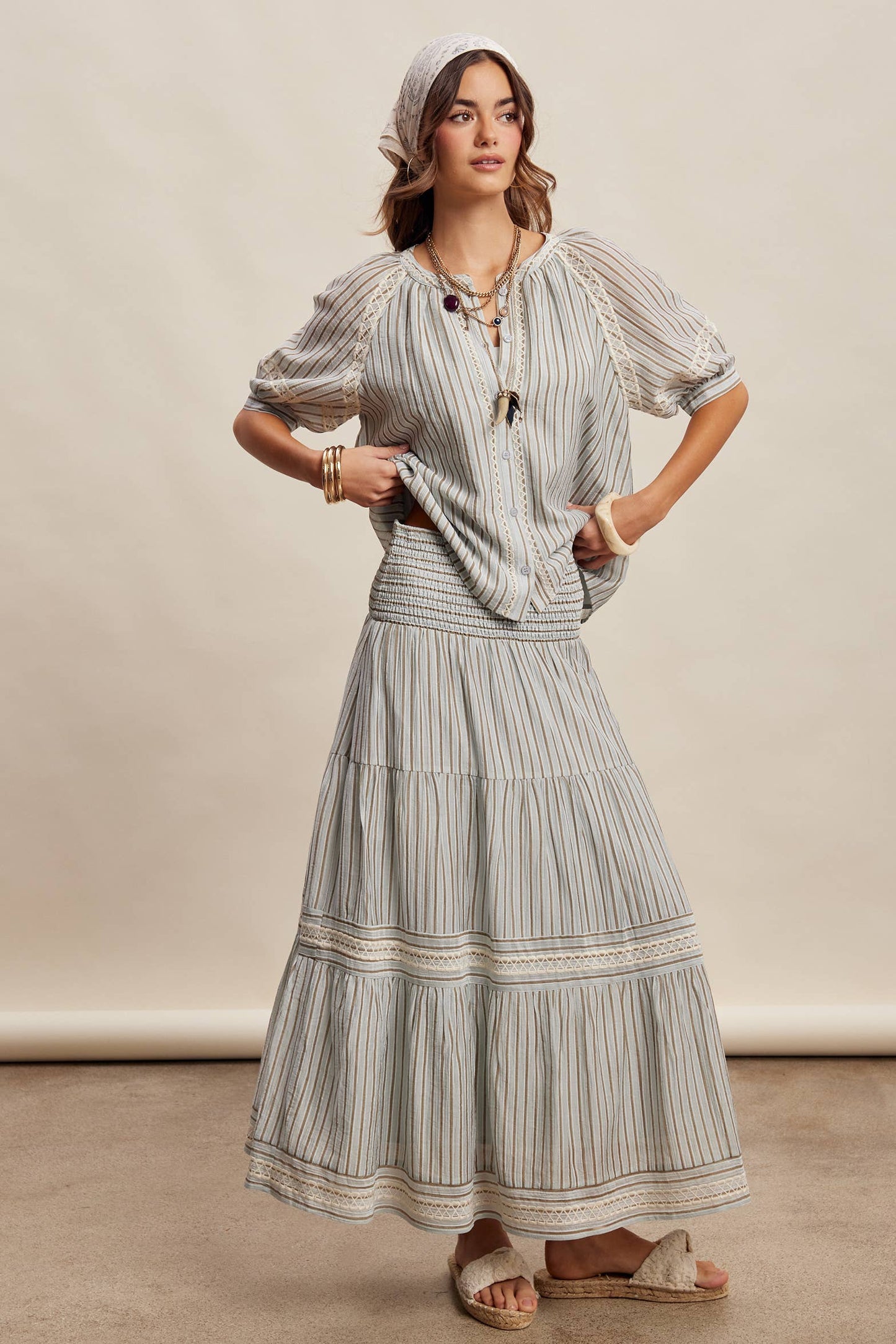 Striped Smocked Maxi Skirt