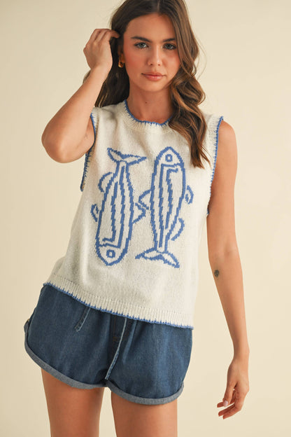 Fish Printed Sleeves Sweater