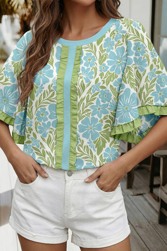 Contrast Flutter Sleeve Floral Peplum Blouse
