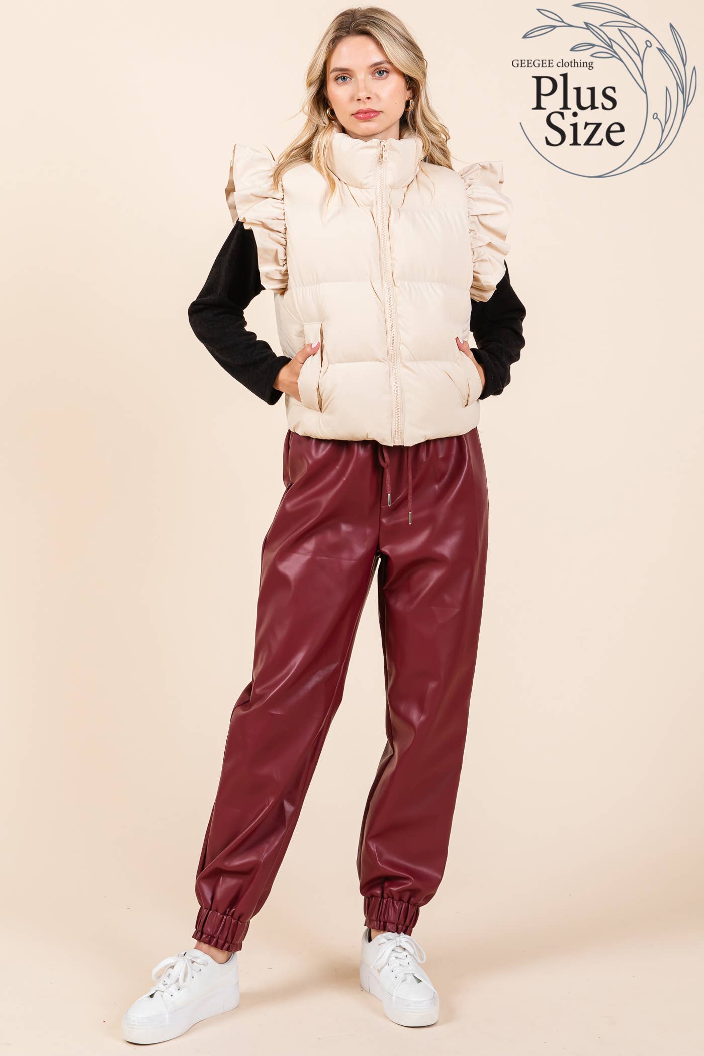 Plus Ruffled Sleeve Puffer Vest