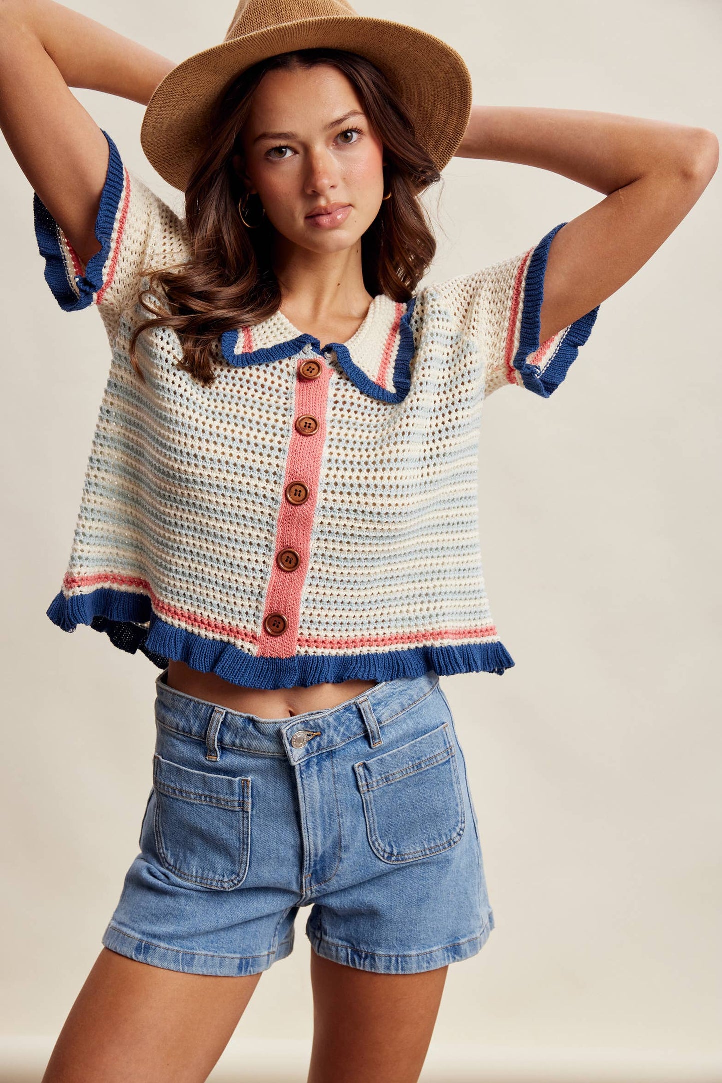 Ruffle Trim Crochet Knit Cardigan Top