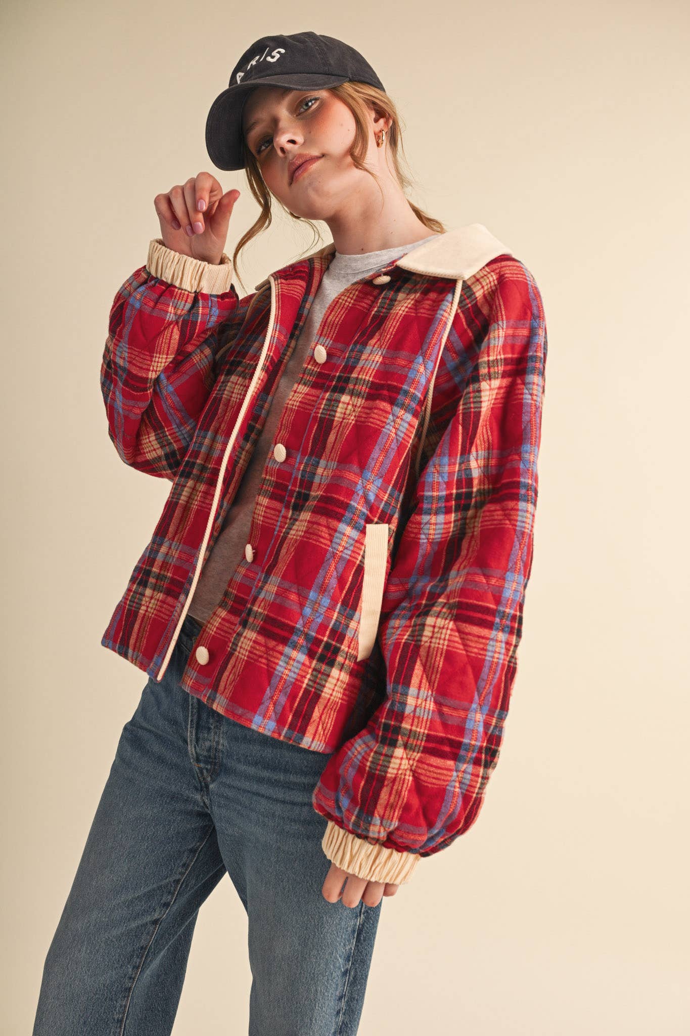 Plaid & Corduroy Contrast Quilted Jacket