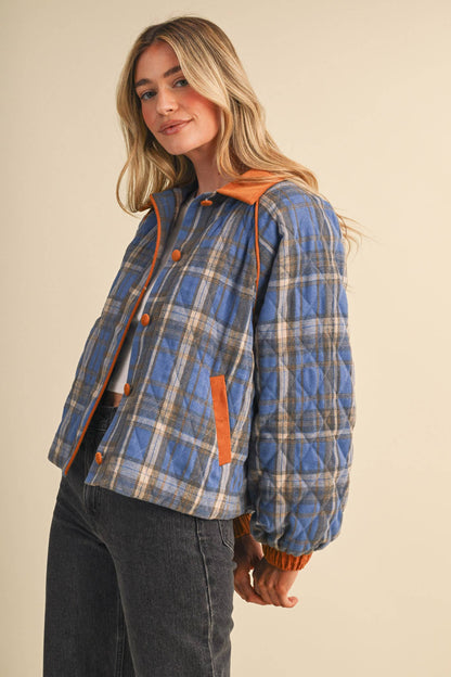 Plaid & Corduroy Contrast Quilted Jacket