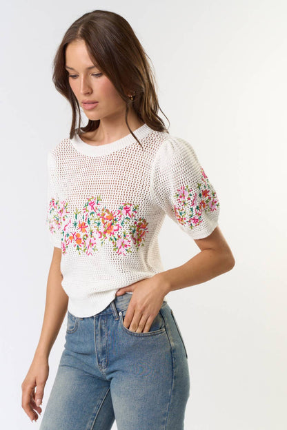 Short Puff Sleeve Embroidered Floral Crochet Top