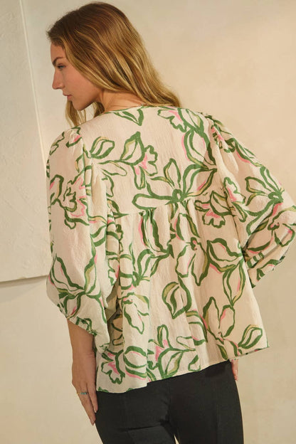 Tie Front Textured Floral Printed Blouse
