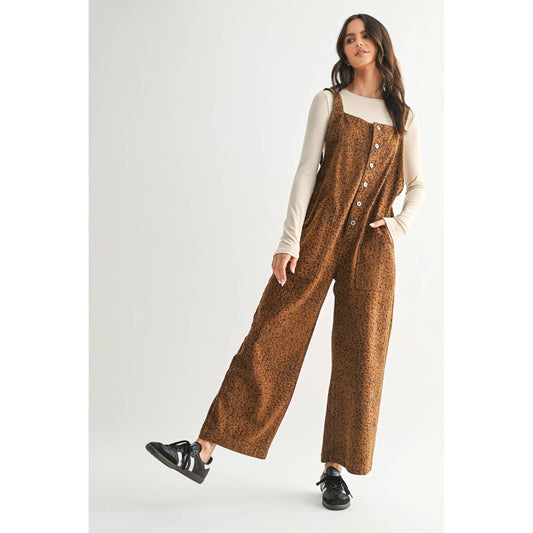 Leopard Button-Up Denim Overall
