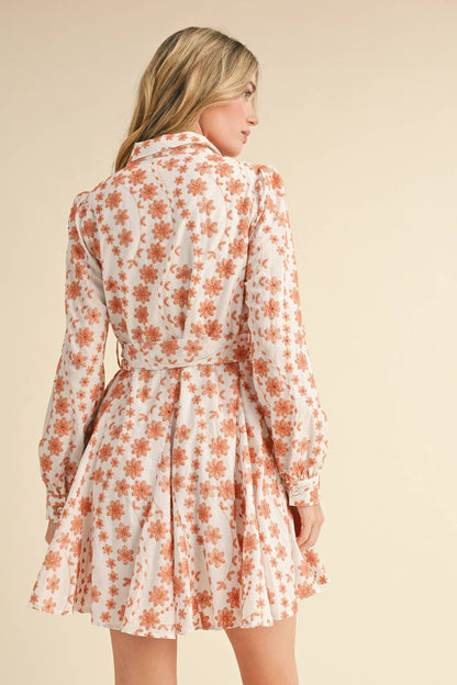 Floral Embroidery Button Down Flared Mini Dress