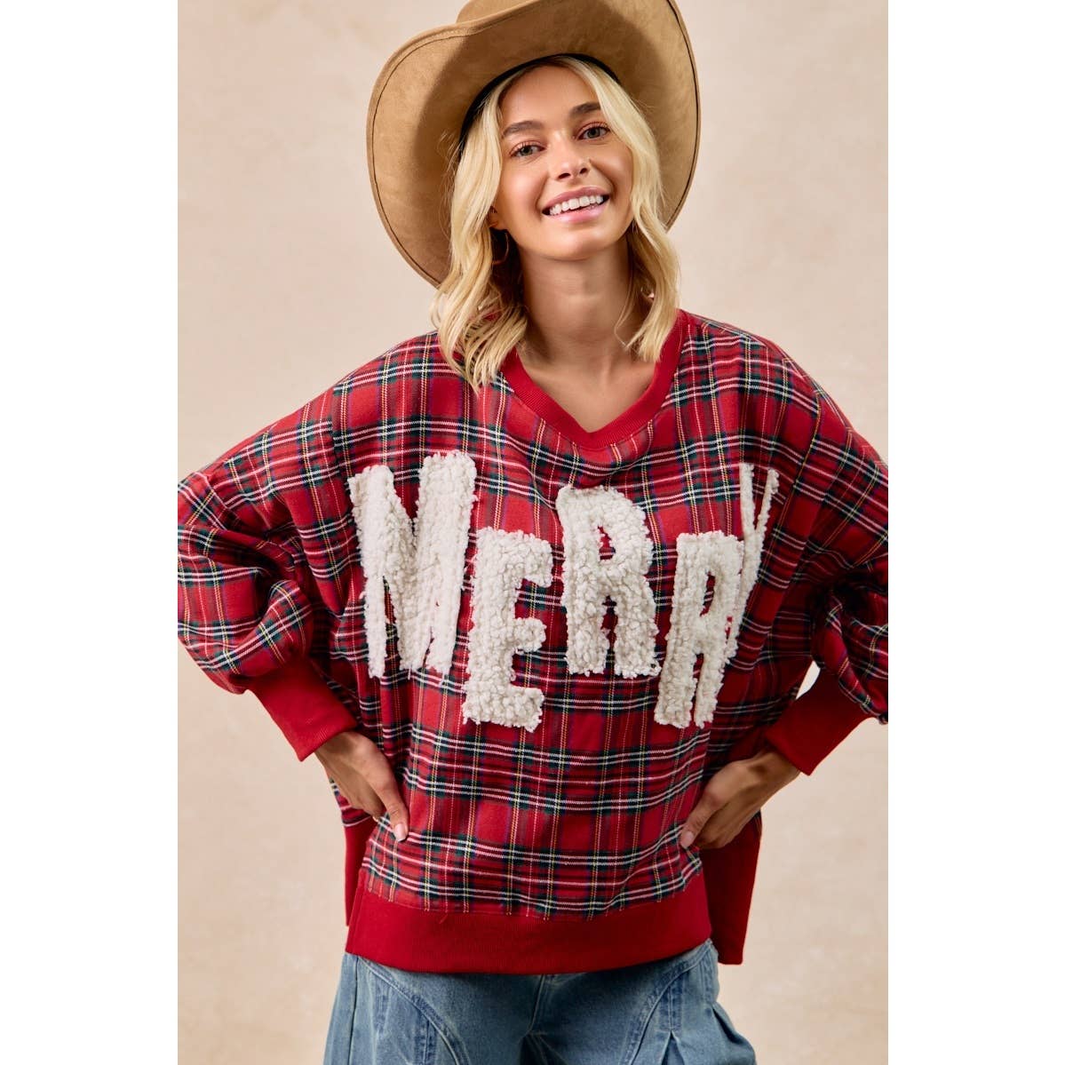 Merry Letter Patches Plaid Sweatshirt