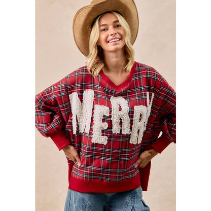 Merry Letter Patches Plaid Sweatshirt