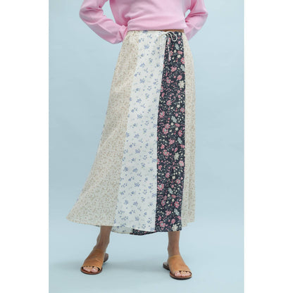 Multi-Floral Midi Skirt with Drawstring