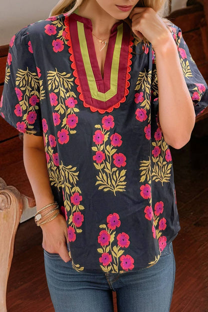 Floral Short Bubble Sleeve Contrast Top