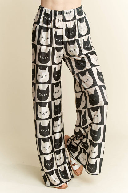 Mid-Rise Cat Face Satin Pants