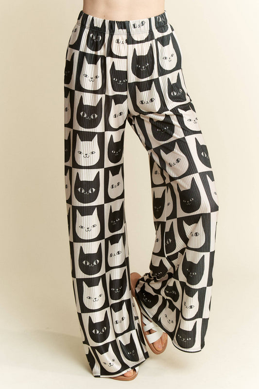 Mid-Rise Cat Face Satin Pants