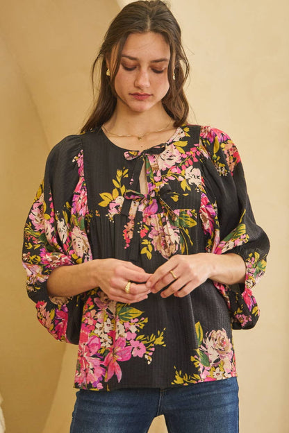 Floral Printed Batwing Sleeve Front Tie Top