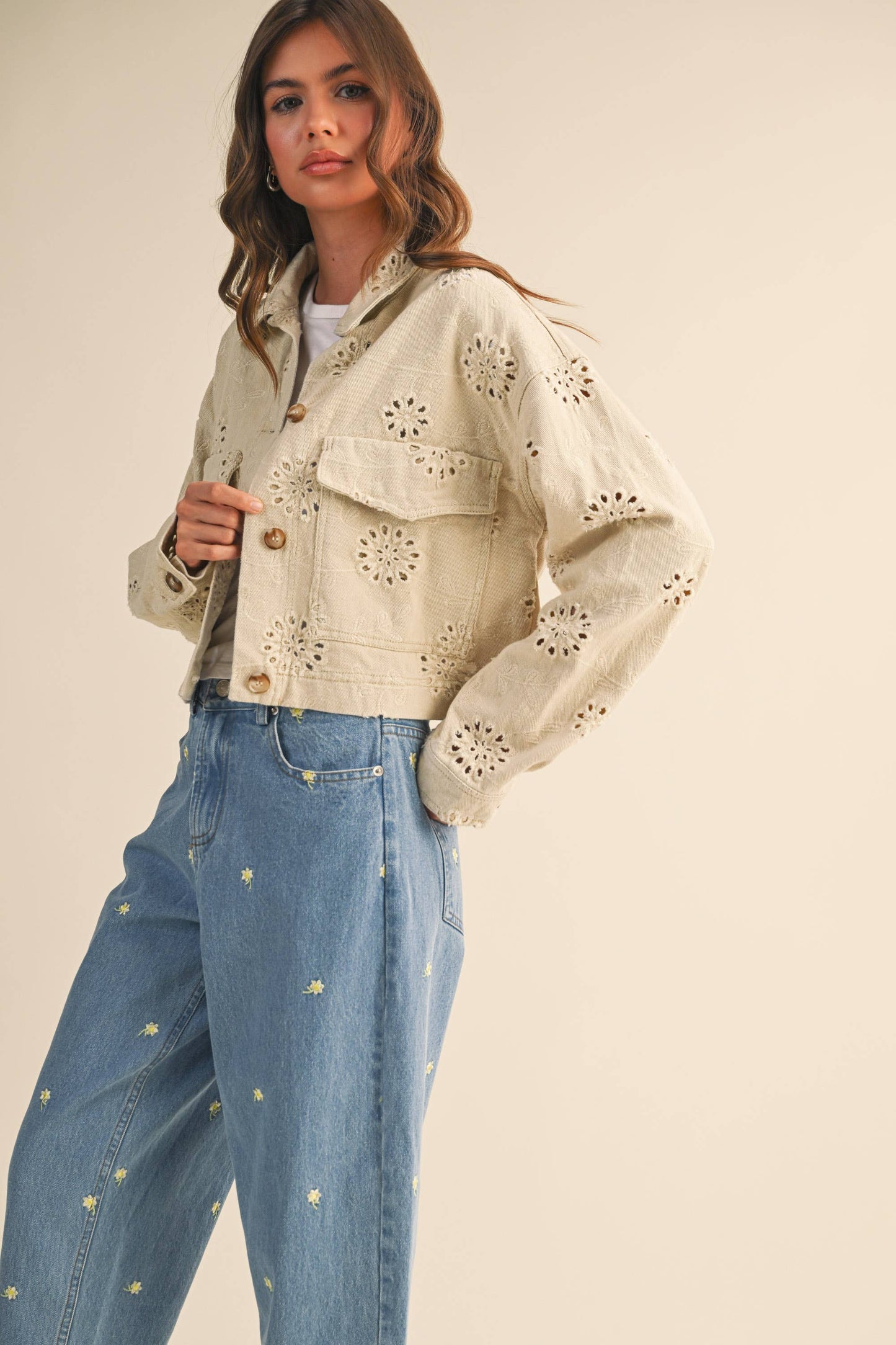 Eyelet Twill Cropped Trucker Jacket