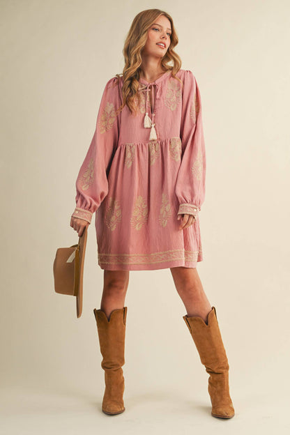 Embroidered Puff Sleeve Mini Dress