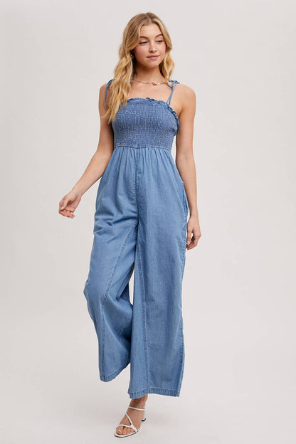 Denim Smocked Jumpsuit