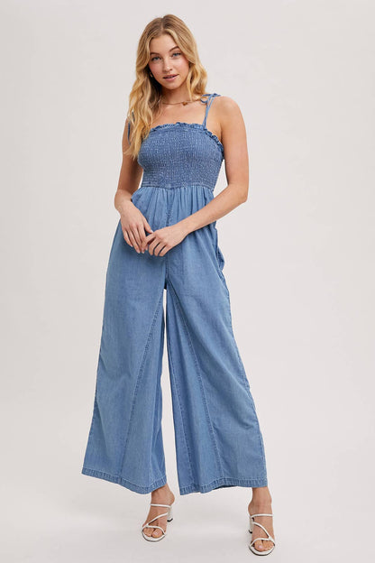 Denim Smocked Jumpsuit