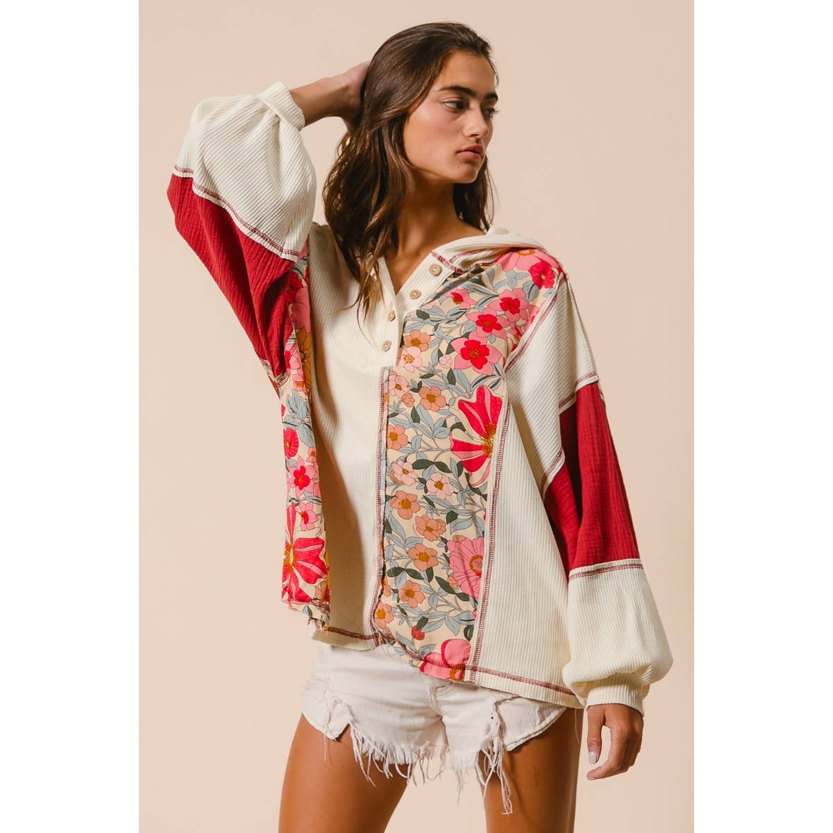 Knit and Print Mixed Hoodie