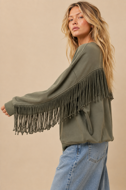 Fringe-Trimmed Oversized Sweatshirt