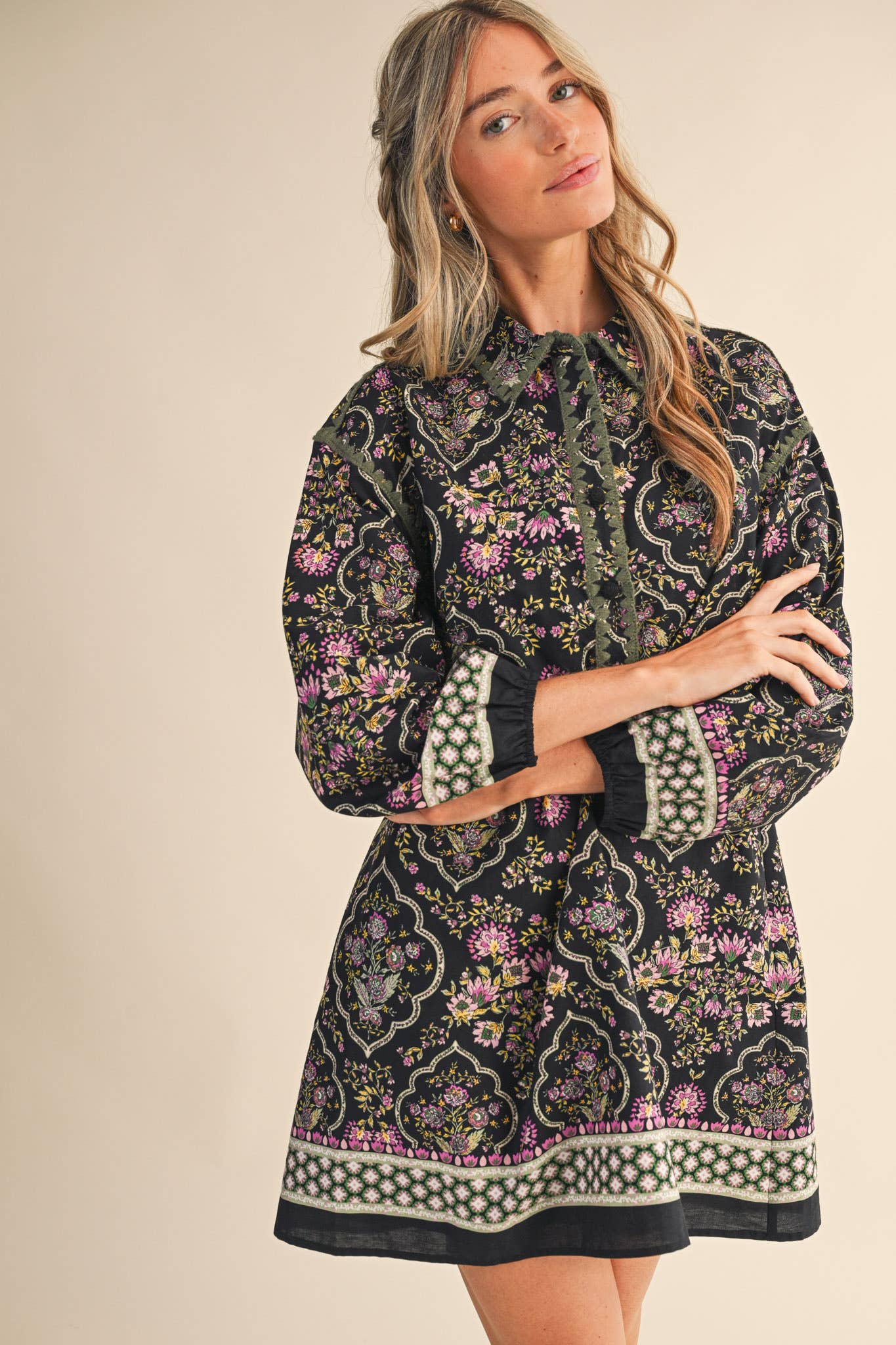 Triangle Stitch Button Down Mini Dress