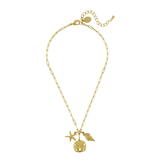 Gold Sand Dollar, Starfish & Shell Trio on Paperclip Chain