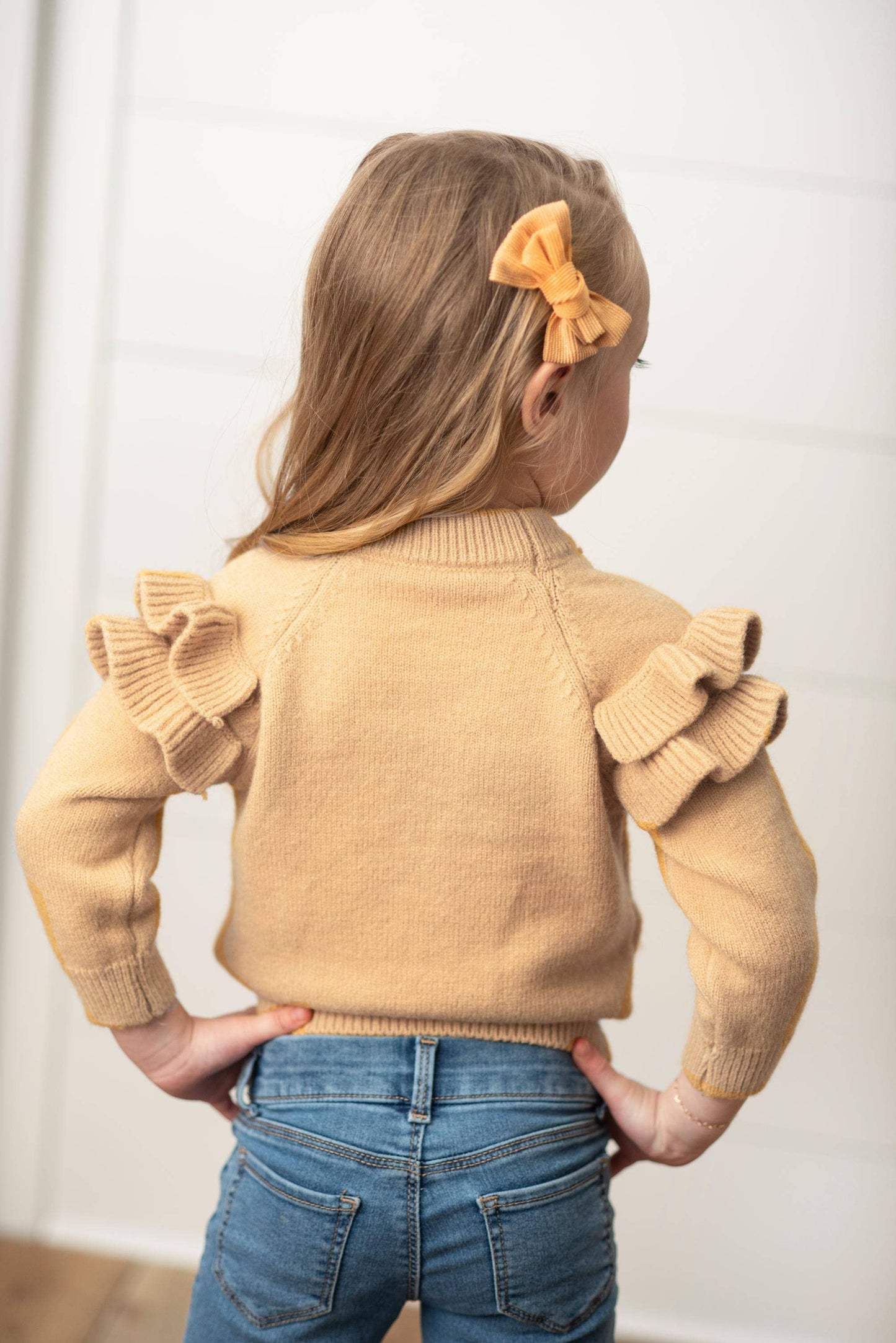 Kids Tan Double Ruffle Crew Neck Fall Winter Sweater