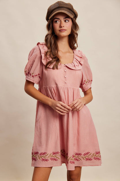 Embroidered Ruffle Collar Textured Gingham Dress