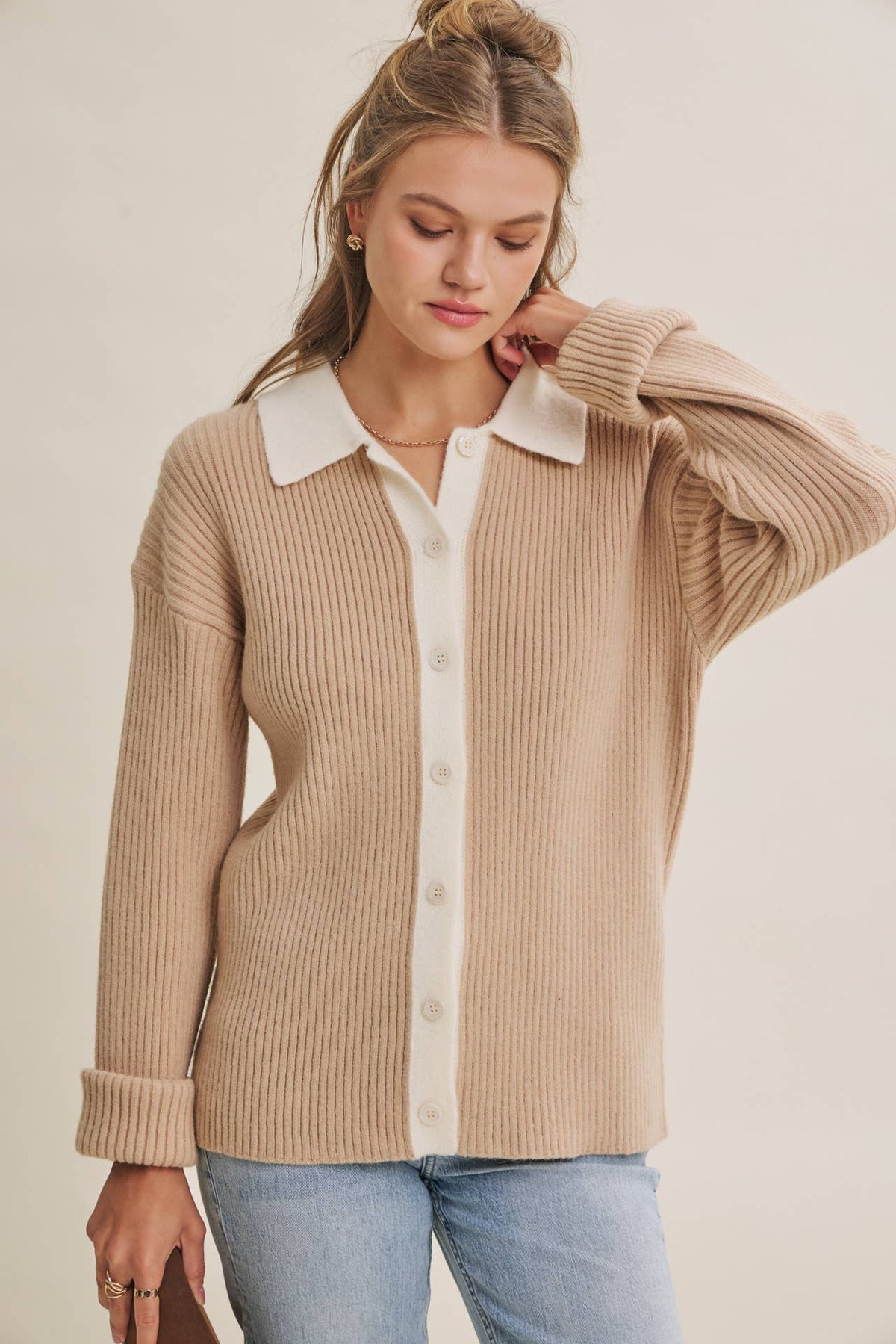 Contrast Collar Ribbed Cardigan