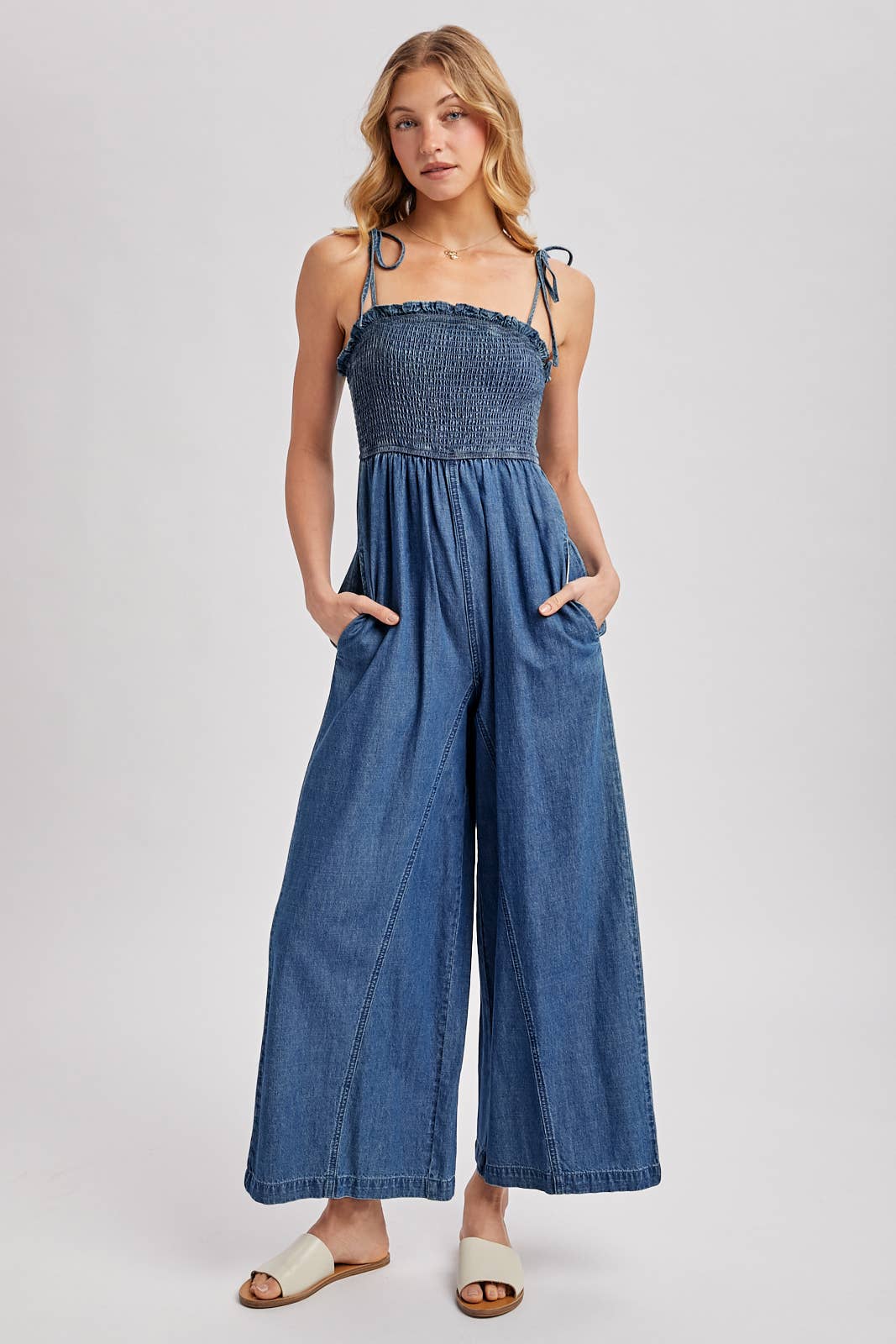Denim Smocked Jumpsuit