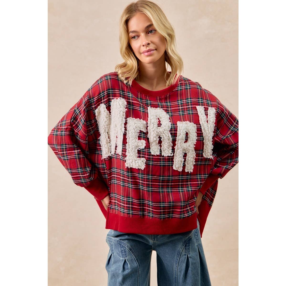 Merry Letter Patches Plaid Sweatshirt