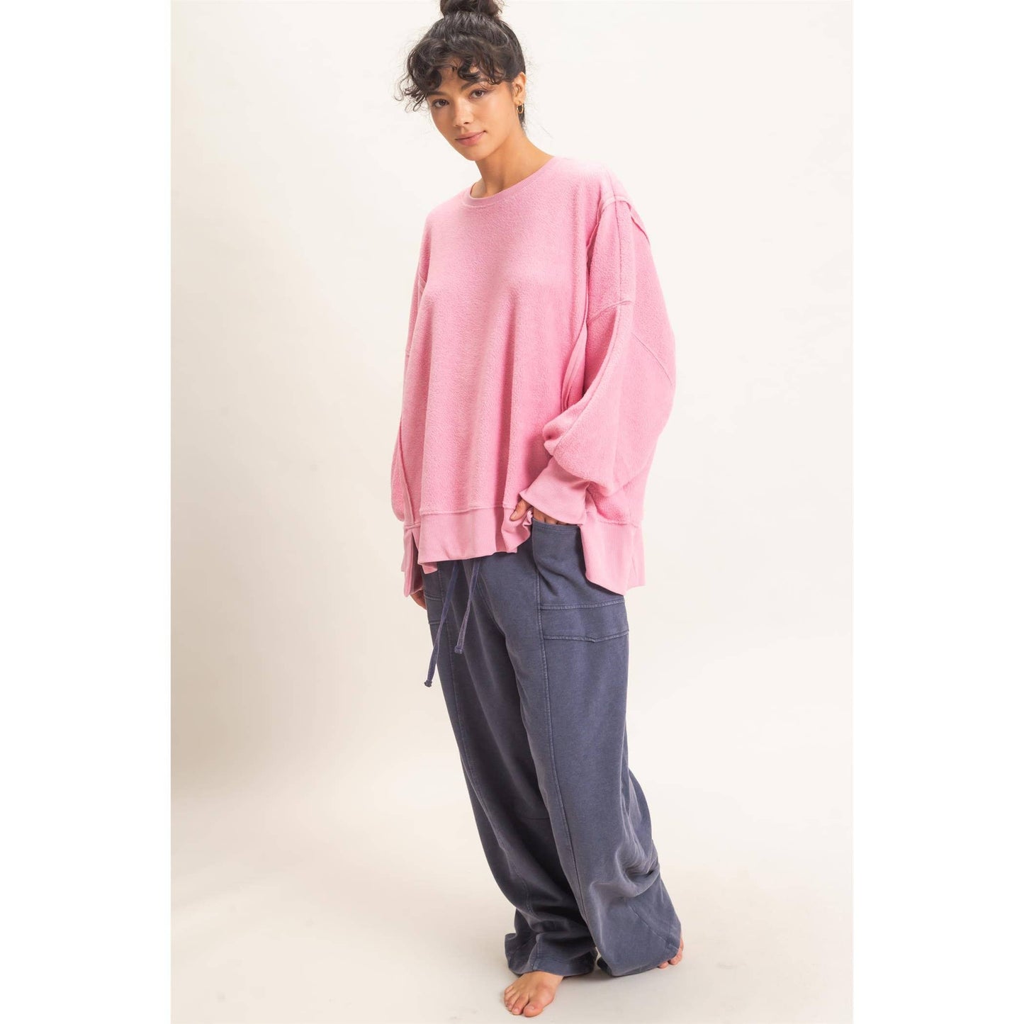 Oversized Raw Edge Crew Neck Sweatshirt