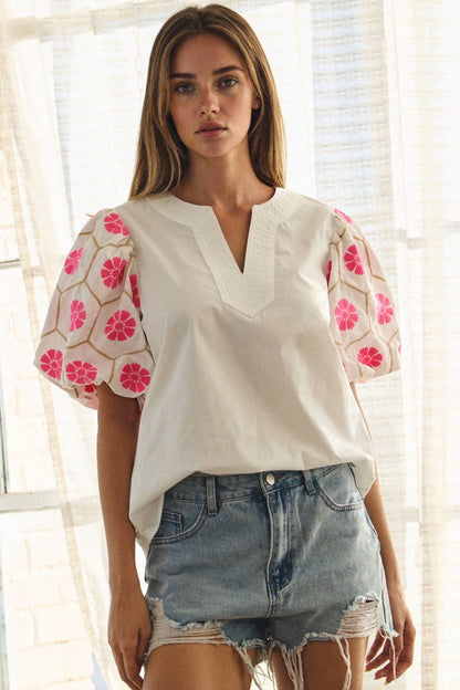 Embroidered Sleeve V-Neck Blouse