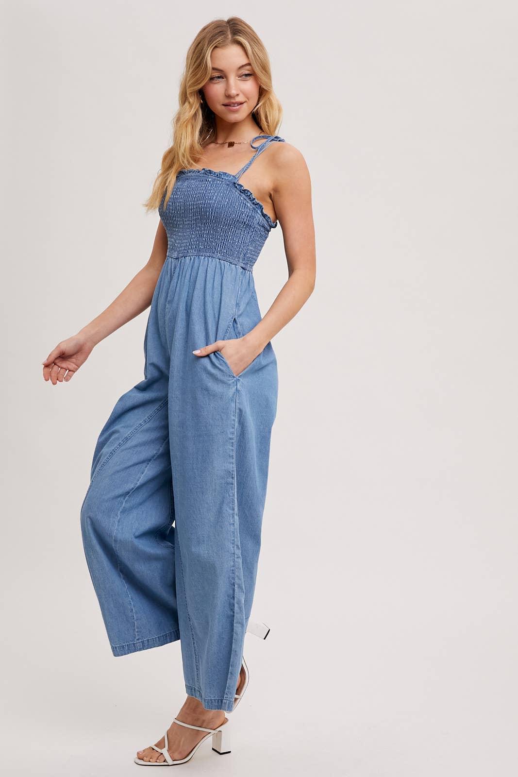 Denim Smocked Jumpsuit