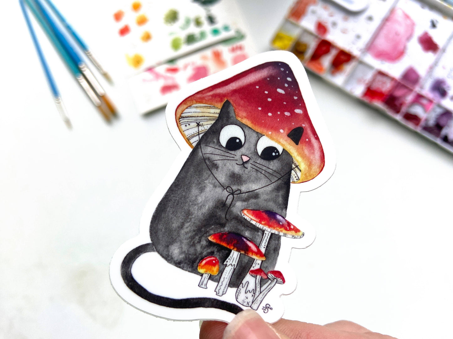 Black Cat with Red Mushroom Vinyl Sticker