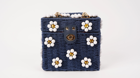 Wicker Bucket Daisy Flower Purse: Navy + White Daisy