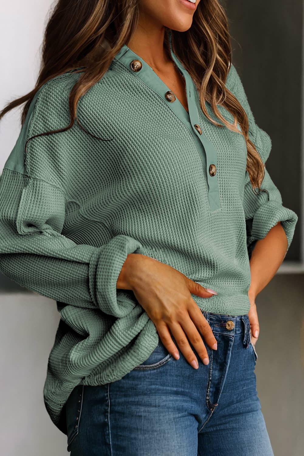 Waffle Long Sleeve Collar Half Button Loose Top