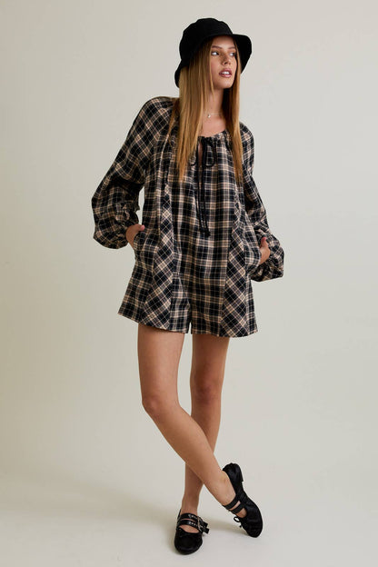 Round Neck Plaid Flannel Romper