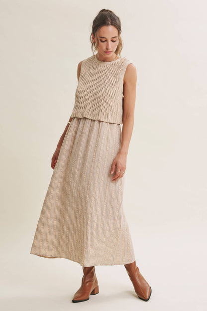 Chunky Sweater Gingham Stripe Mix Media Dress