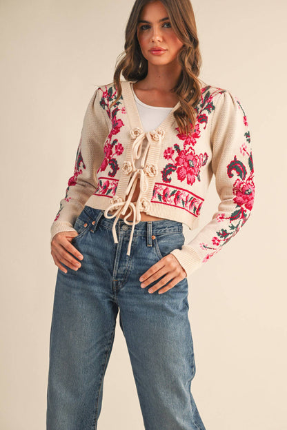 Floral Knit Tie-Front Cardigan
