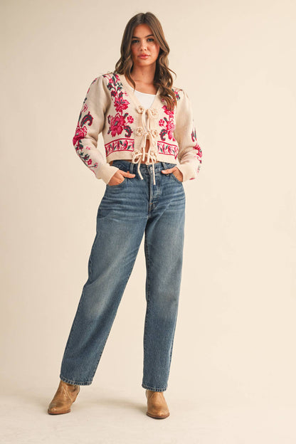 Floral Knit Tie-Front Cardigan