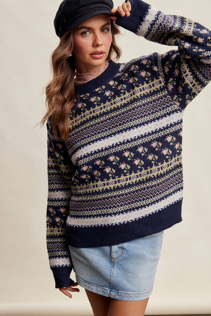 Fair Isle Floral Knit Sweater