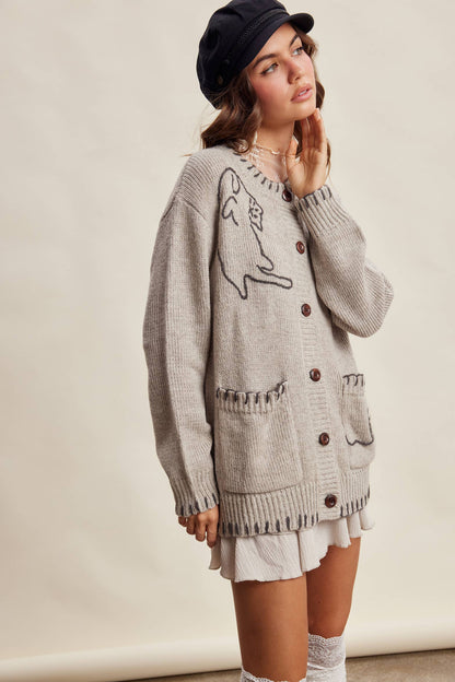 Whimsical Cat Knit Cardigan