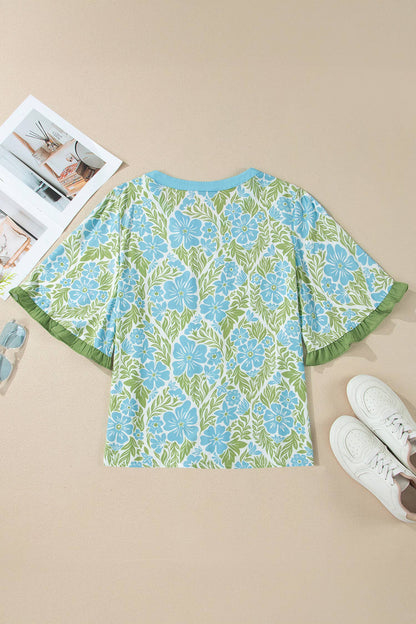 Contrast Flutter Sleeve Floral Peplum Blouse