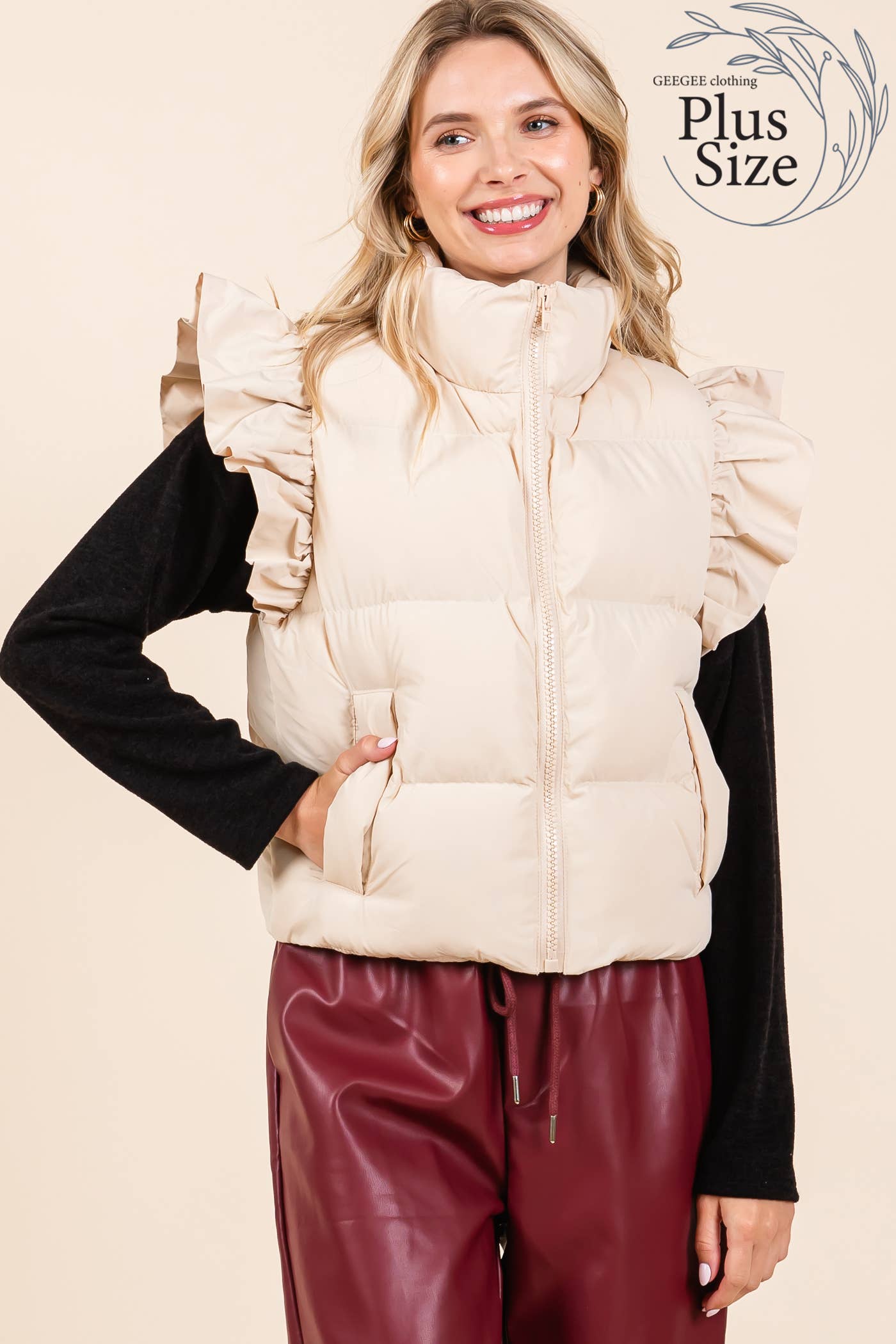 Plus Ruffled Sleeve Puffer Vest