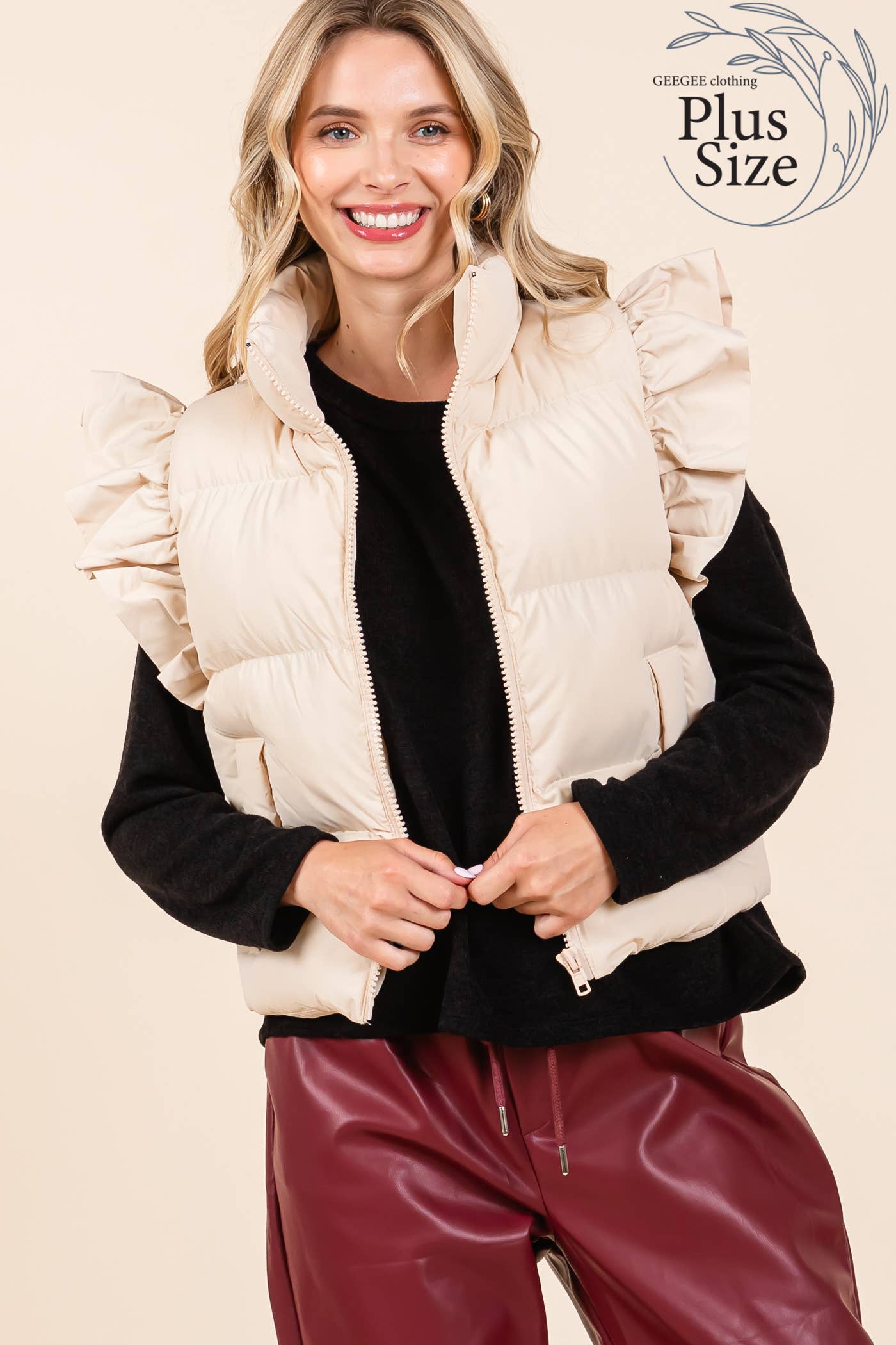 Plus Ruffled Sleeve Puffer Vest