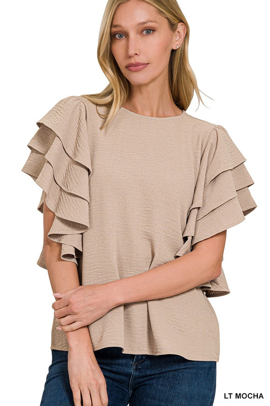 Woven Multi-Tiered Ruffle Sleeve Top