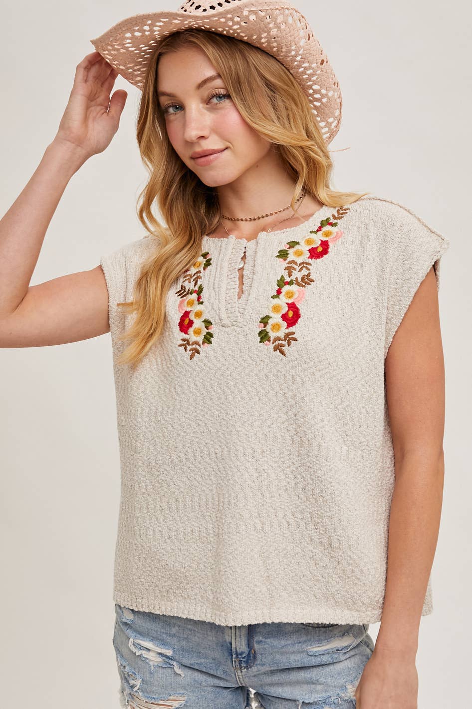 Embroidered Notch Neck Knit Top